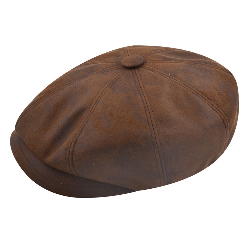 Faux Leather Look Newsboy Cap Classic Button Top 8 Panel