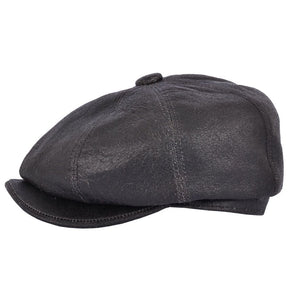 Distressed Sheep skin Leather Newsboy Cap Vintage Baker Boy Hat