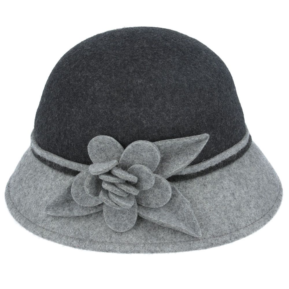 Women Two Tone Floral Cloche Hat Crushable Wool Felt